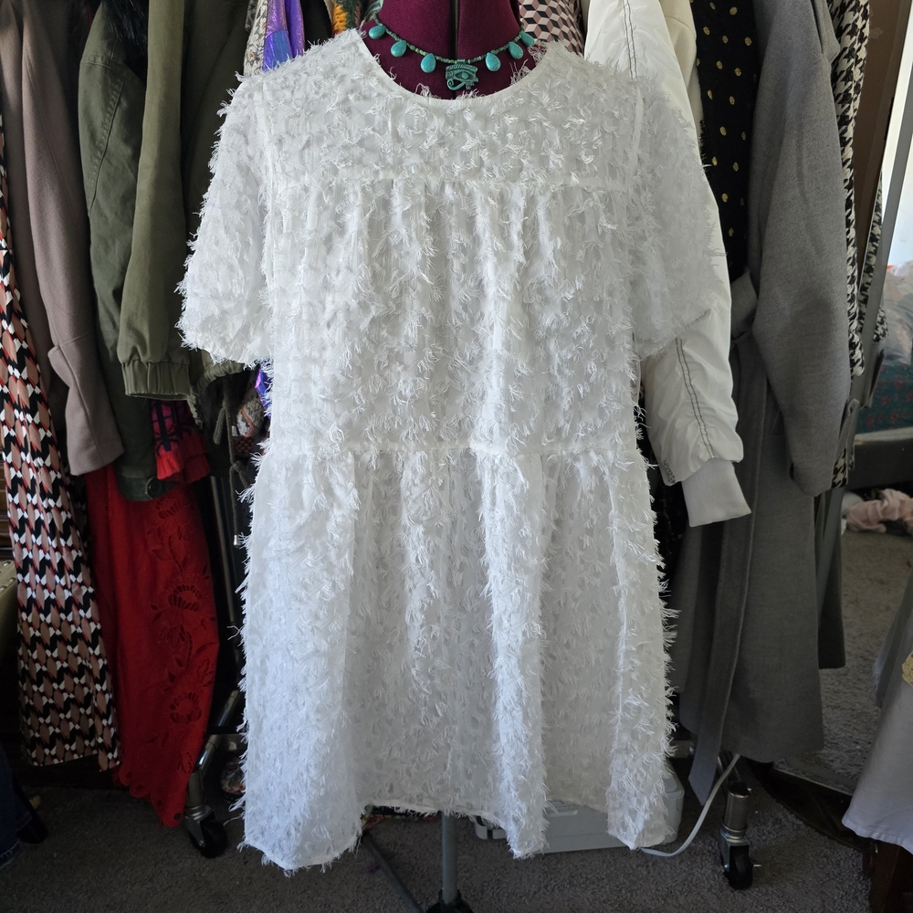 White Textured Short Sleeve Dress